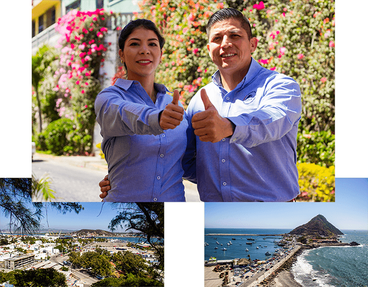 collage de fotografías, pareja haciendo gesto con el pulgar arriba, 2 fotografías de Mazatlán